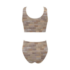 Brick Printed Pattern Print Design 01 Chest Bowknot High Waisted Bikini Swimsuit