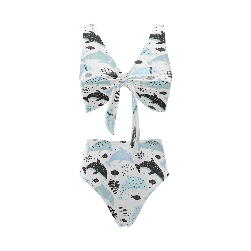 Cute dolphins Childish Style pattern Chest Bowknot High Waisted Bikini Swimsuit