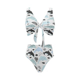 Cute dolphins Childish Style pattern Chest Bowknot High Waisted Bikini Swimsuit