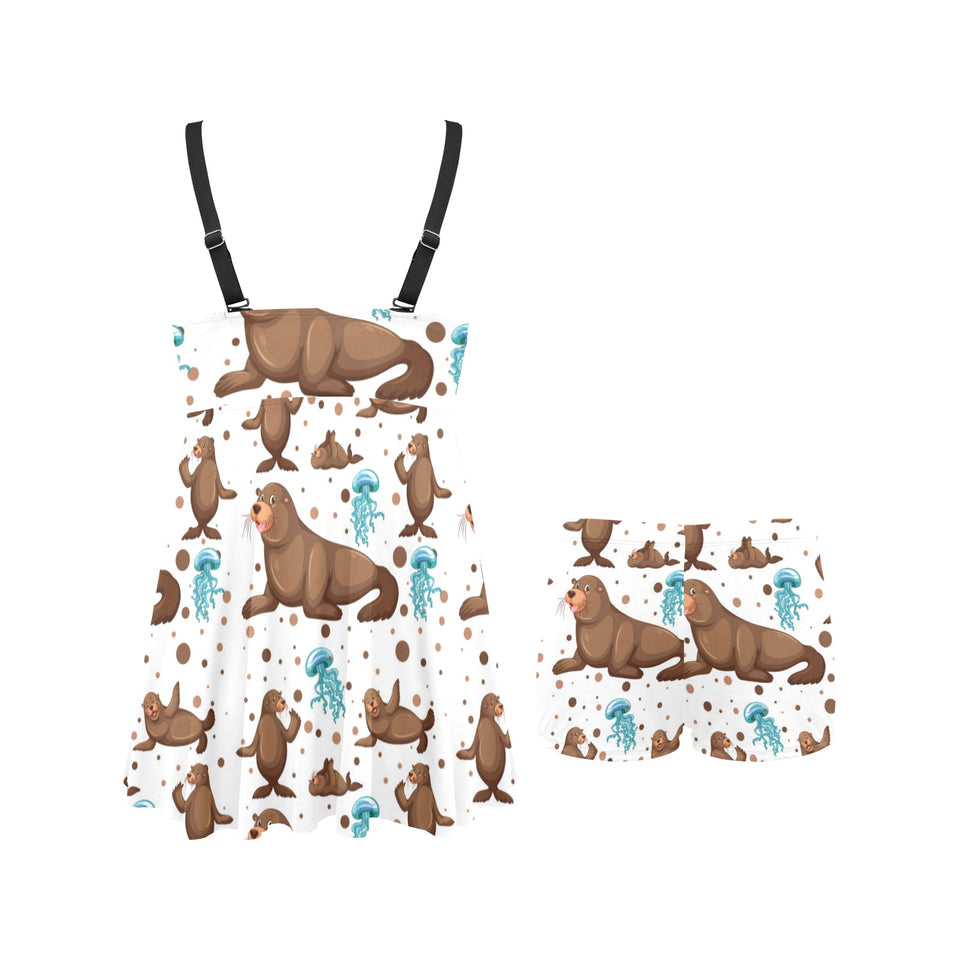 sea lion Seals jellyfish pattern Chest Sexy Pleated Two Piece Swim Dress