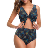 Beautiful peacock feather pattern Chest Bowknot High Waisted Bikini Swimsuit