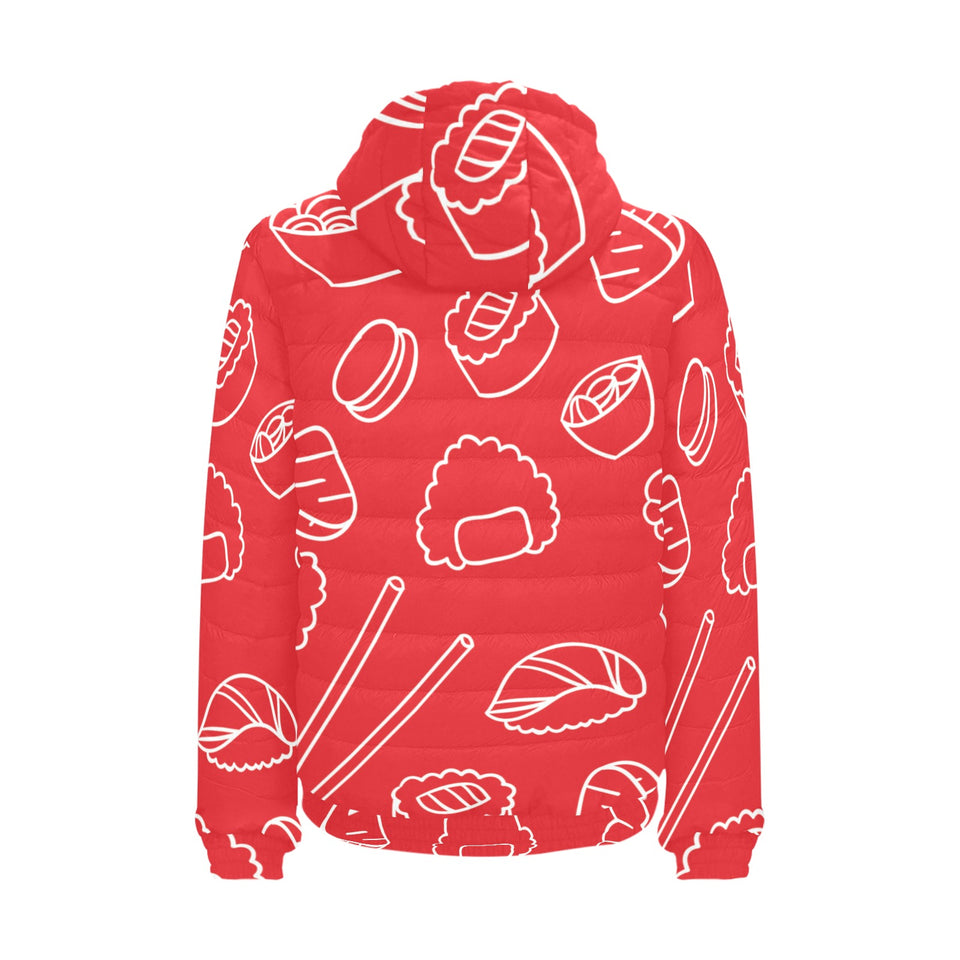 sushi pattern red background Men's Padded Hooded Jacket