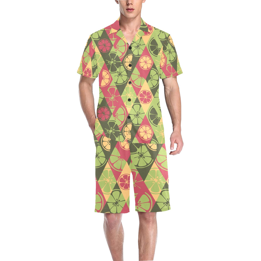 Cool Geometric lime pattern Men's V-Neck Short Pajama Set