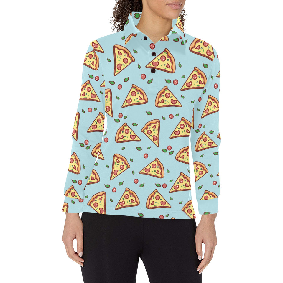 Hand drawn pizza blue background Women's Long Sleeve Polo Shirt
