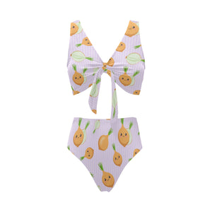 cute onions smiling faces purple background Chest Bowknot High Waisted Bikini Swimsuit