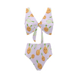 cute onions smiling faces purple background Chest Bowknot High Waisted Bikini Swimsuit