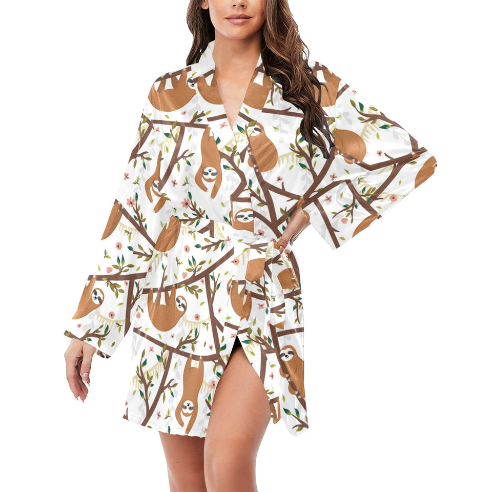 Sloths hanging on the tree pattern Women's Long Sleeve Belted Night Robe