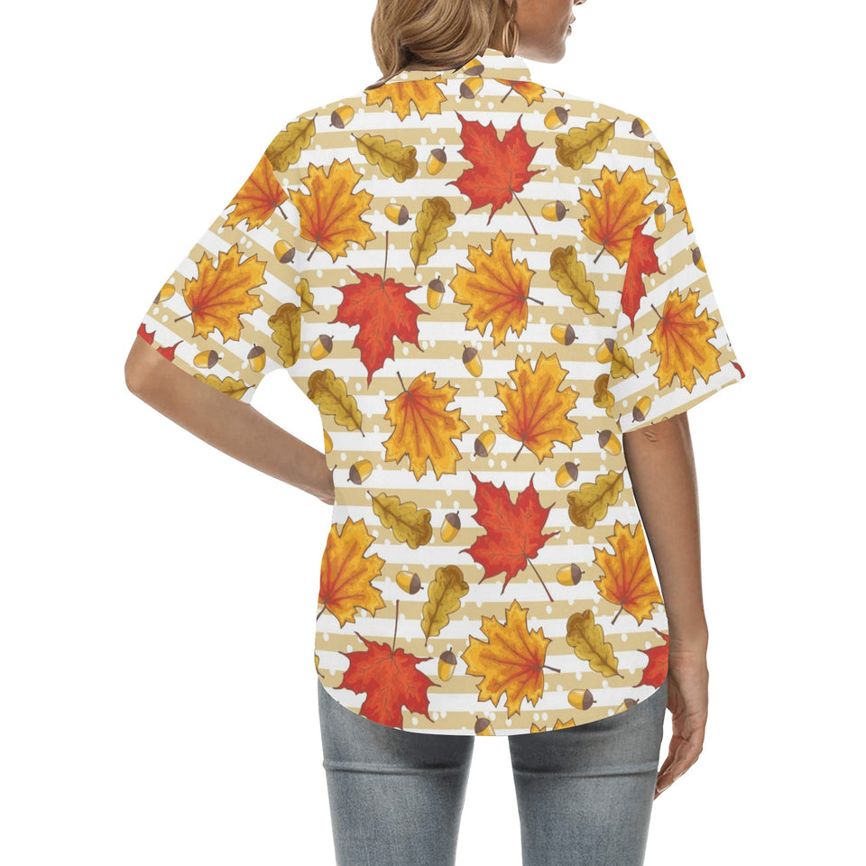 Maple leaf oak leaf acorns beige striped backgroun Women's All Over Print Hawaiian Shirt