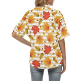 Maple leaf oak leaf acorns beige striped backgroun Women's All Over Print Hawaiian Shirt