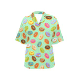 Colorful donut pattern green background Women's All Over Print Hawaiian Shirt