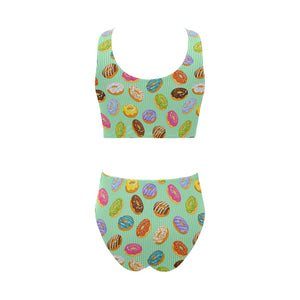 Colorful donut pattern green background Chest Bowknot High Waisted Bikini Swimsuit