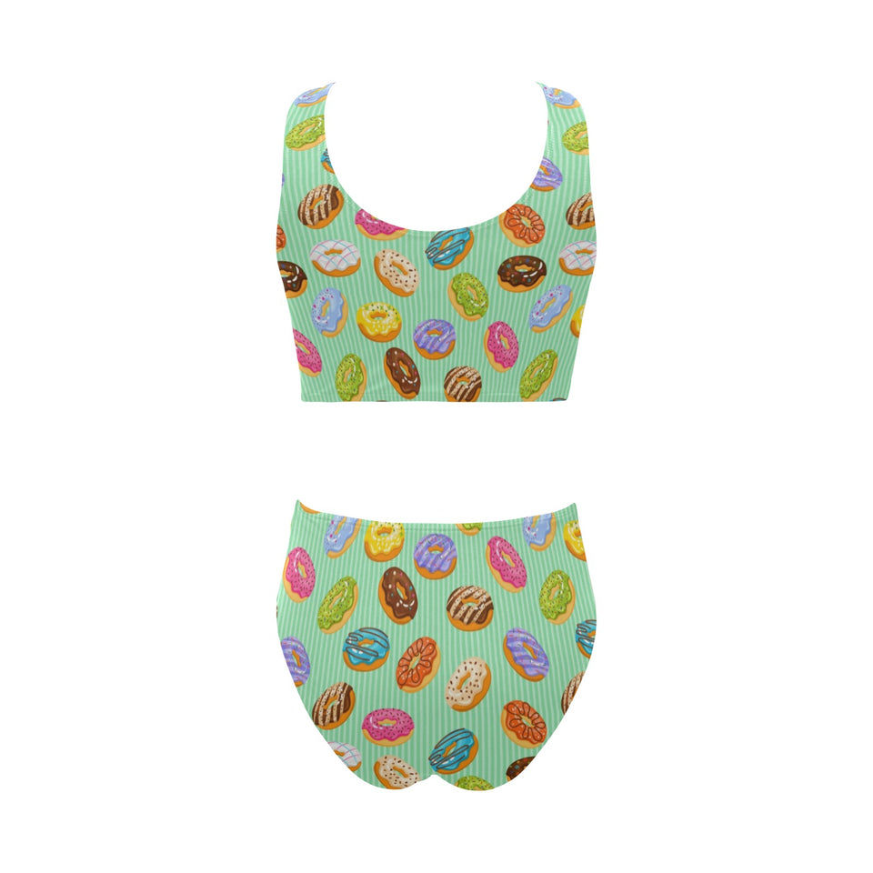 Colorful donut pattern green background Chest Bowknot High Waisted Bikini Swimsuit