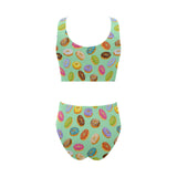 Colorful donut pattern green background Chest Bowknot High Waisted Bikini Swimsuit