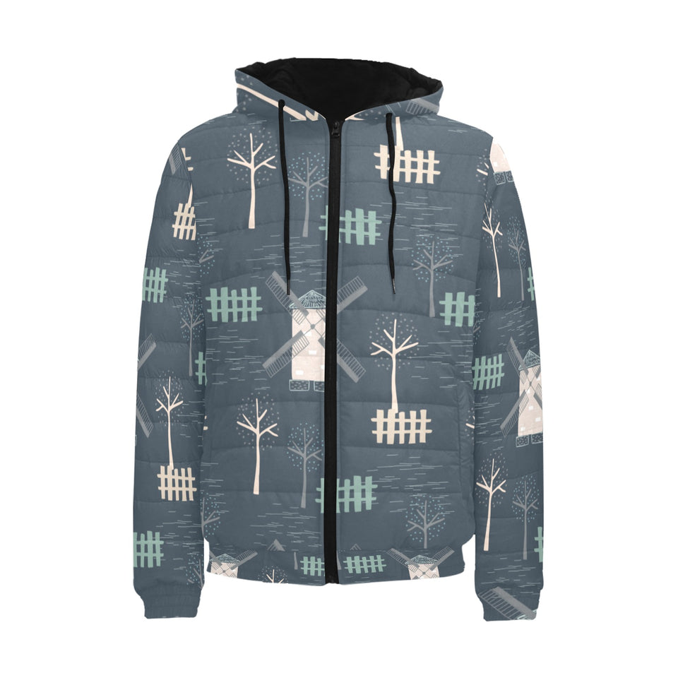windmill tree pattern Men's Padded Hooded Jacket