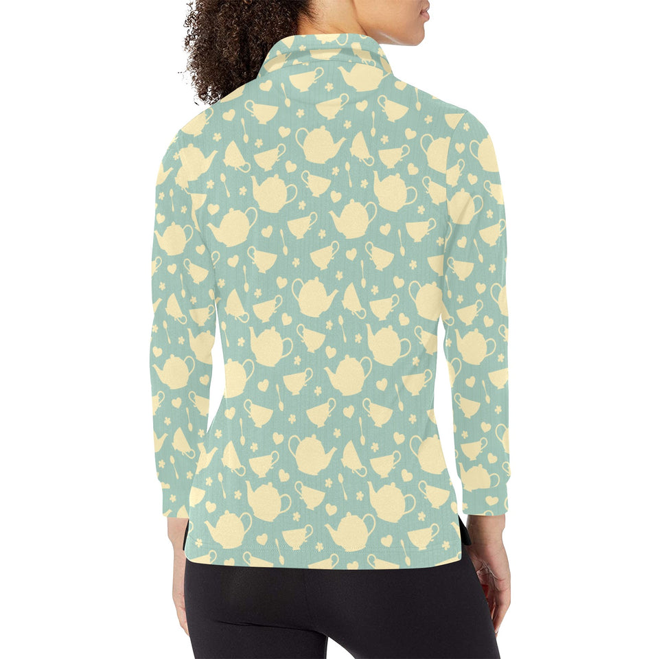 Tea pots Pattern Print Design 02 Women's Long Sleeve Polo Shirt
