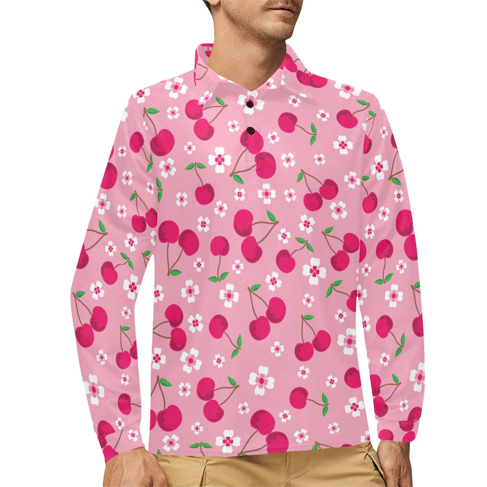 cherry flower pattern pink background Men's Long Sleeve Polo Shirt