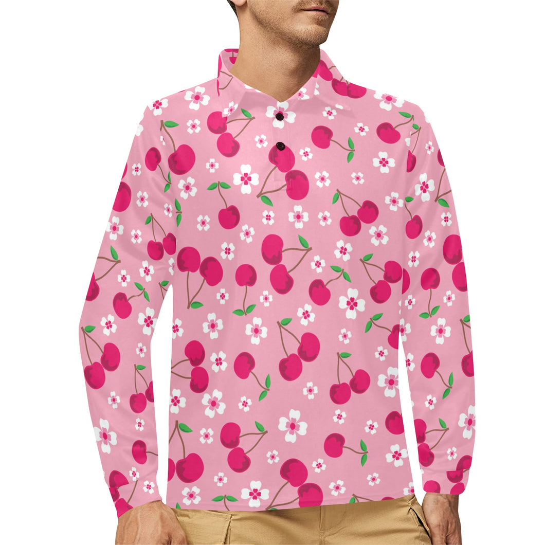 cherry flower pattern pink background Men's Long Sleeve Polo Shirt