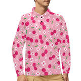 cherry flower pattern pink background Men's Long Sleeve Polo Shirt