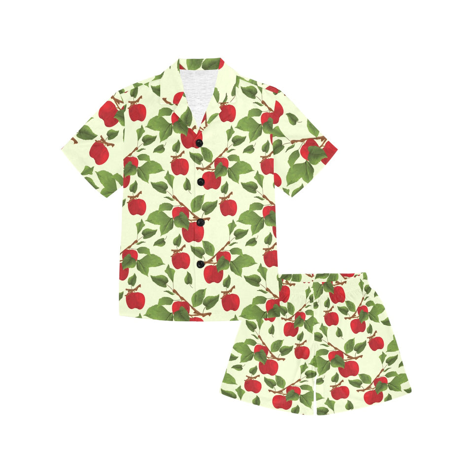 Red apples leaves pattern Kids' Boys' Girls' V-Neck Short Pajama Set