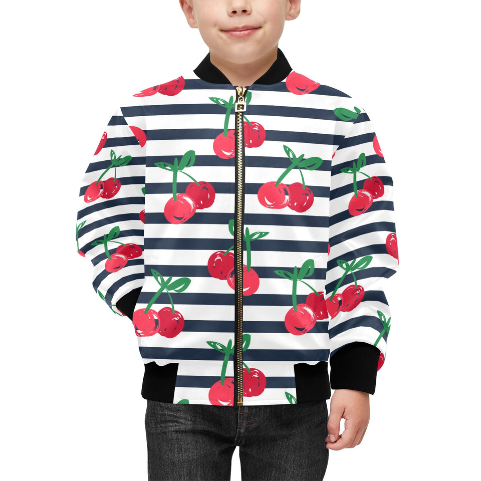 Hand drawn cherry pattern striped background Kids' Boys' Girls' Bomber Jacket