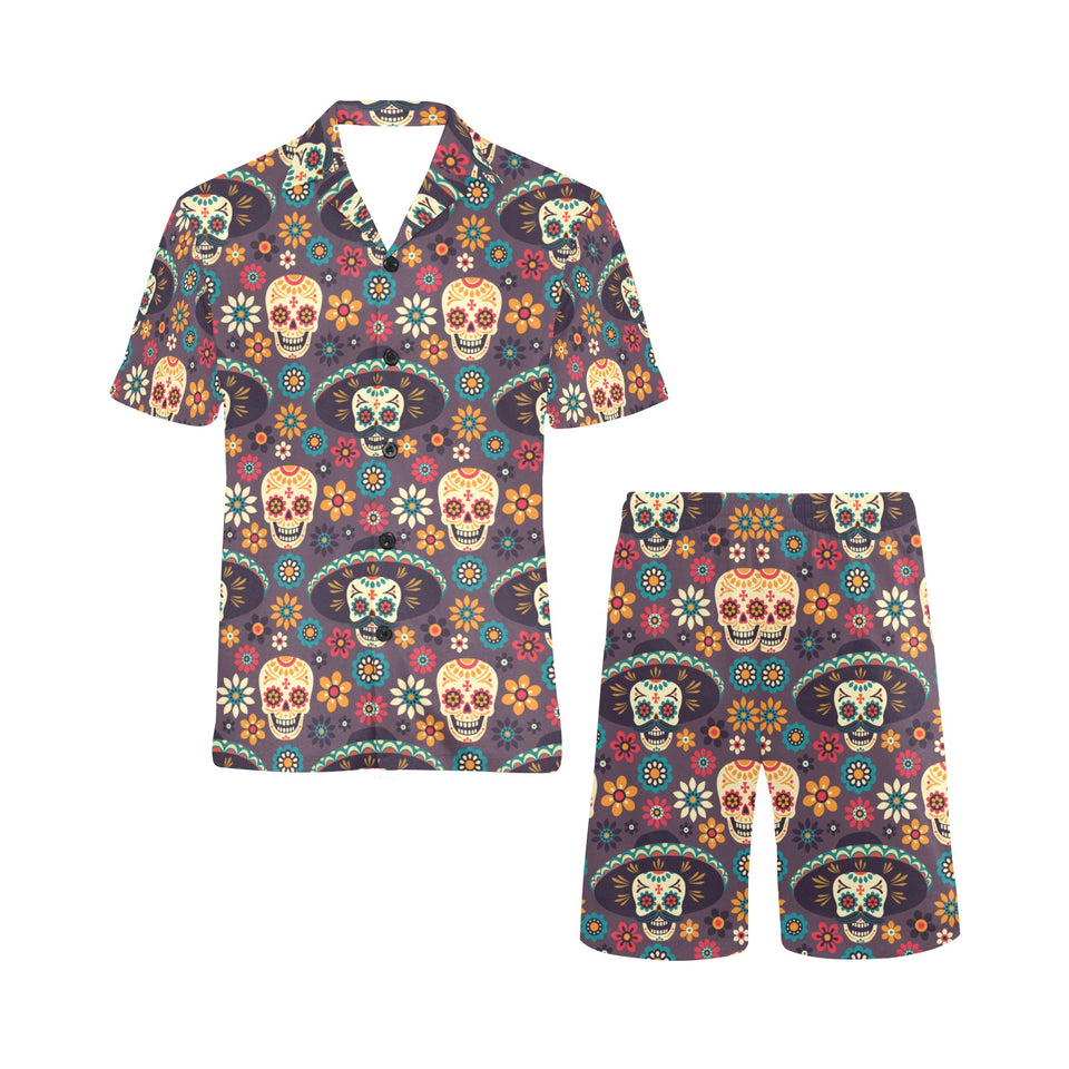 Sugar skulls flower maxican pattern Men's V-Neck Short Pajama Set