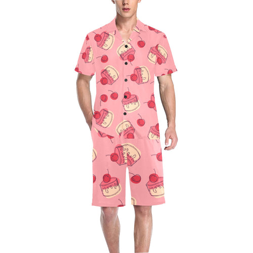 Cake cherry pattern Men's V-Neck Short Pajama Set