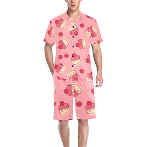 Cake cherry pattern Men's V-Neck Short Pajama Set