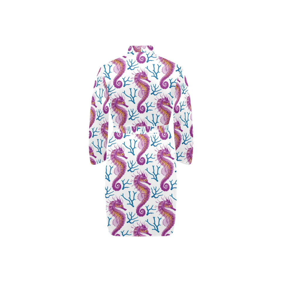 Purple seahorse blue coral pattern Men's Long Sleeve Belted Night Robe