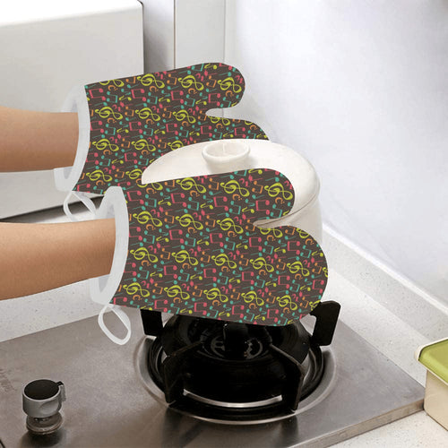 Music Notes Pattern Print Design 05 Heat Resistant Oven Mitts