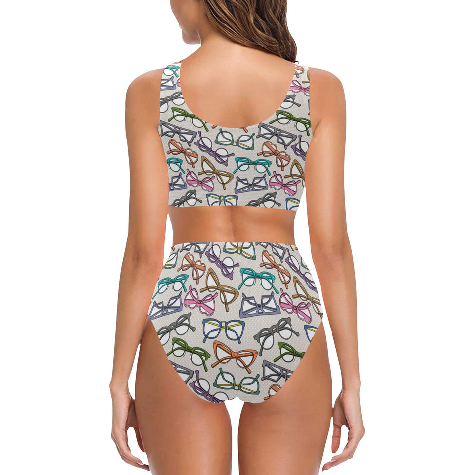 Sun Glasses Pattern Print Design 01 Chest Bowknot High Waisted Bikini Swimsuit