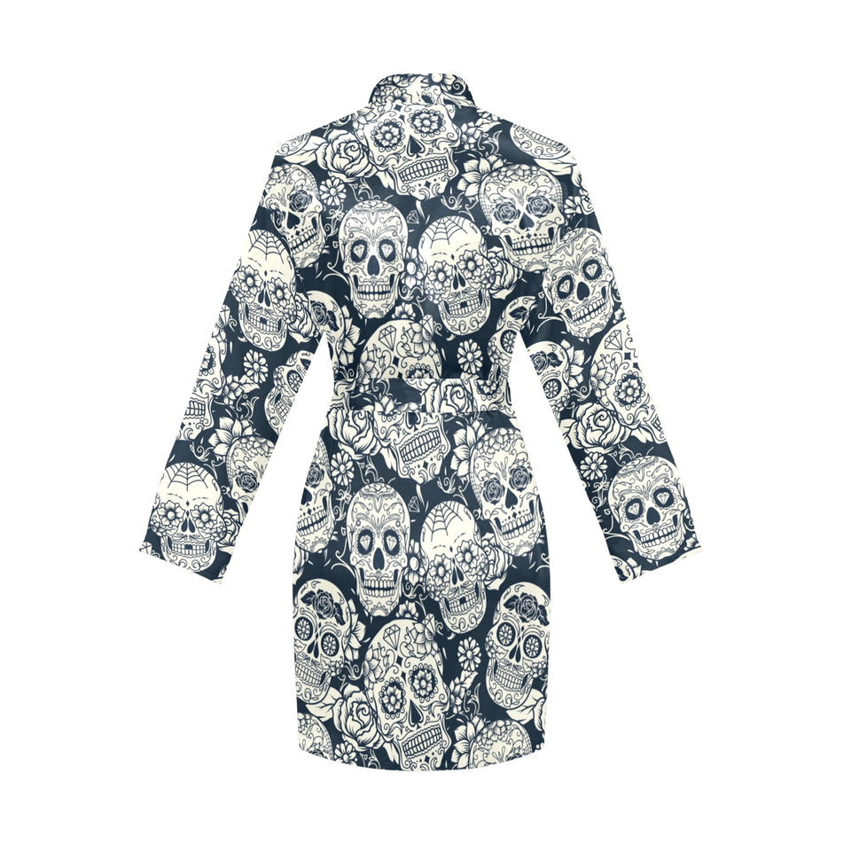 Sugar skull black white pattern Women's Long Sleeve Belted Night Robe
