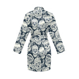 Sugar skull black white pattern Women's Long Sleeve Belted Night Robe
