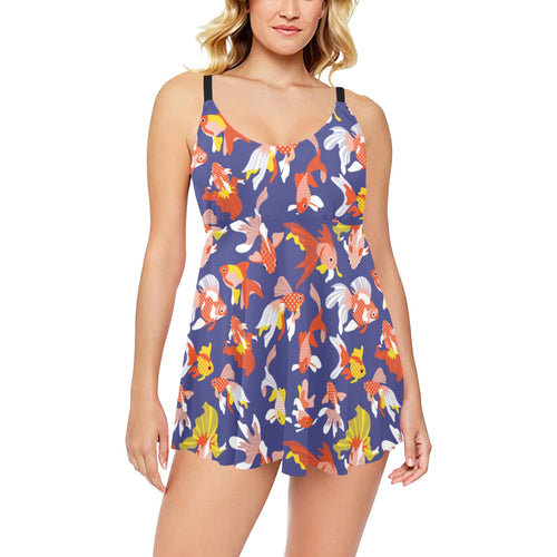 Goldfish Pattern Print Design 04 Chest Sexy Pleated Two Piece Swim Dress
