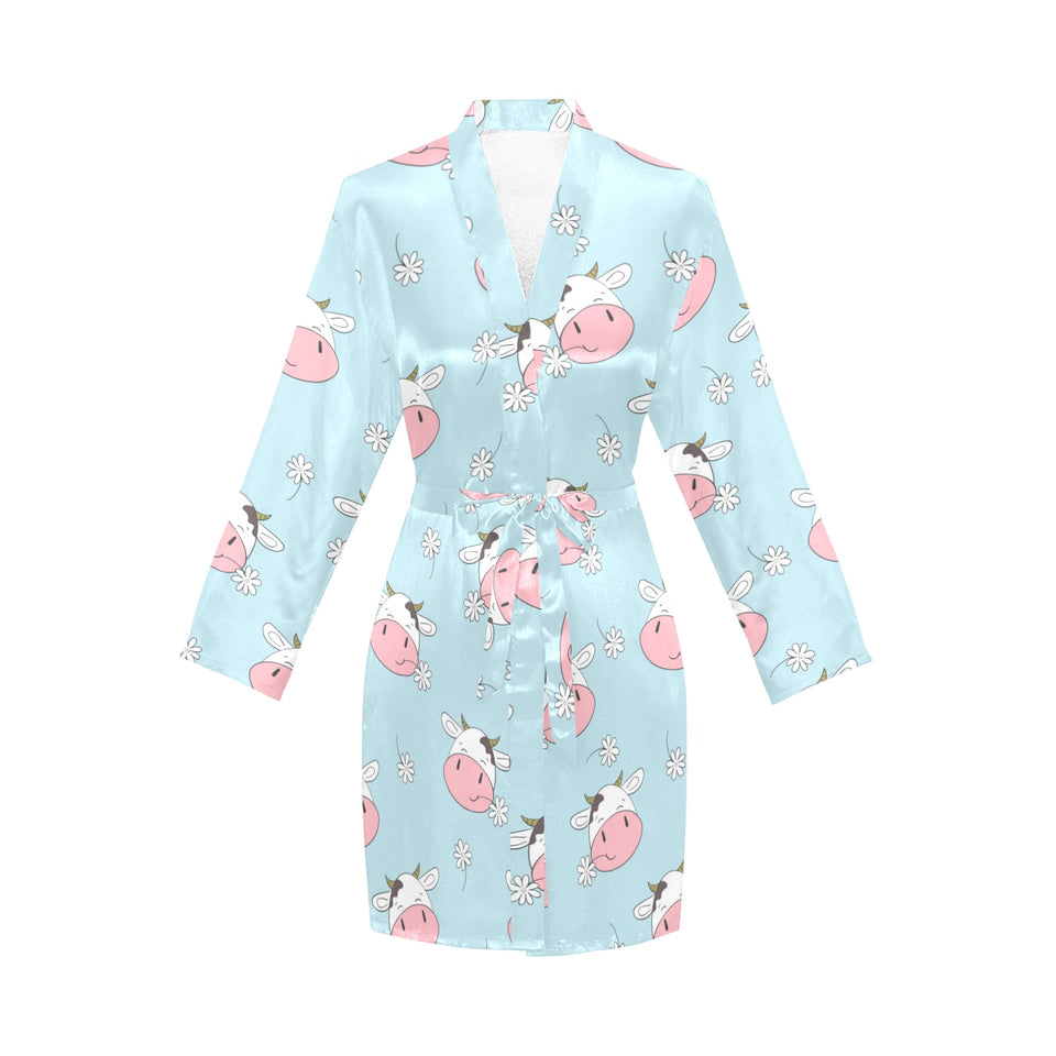 Cute cow flower pattern Women's Long Sleeve Belted Night Robe