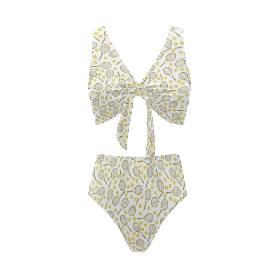 Tennis Pattern Print Design 02 Chest Bowknot High Waisted Bikini Swimsuit