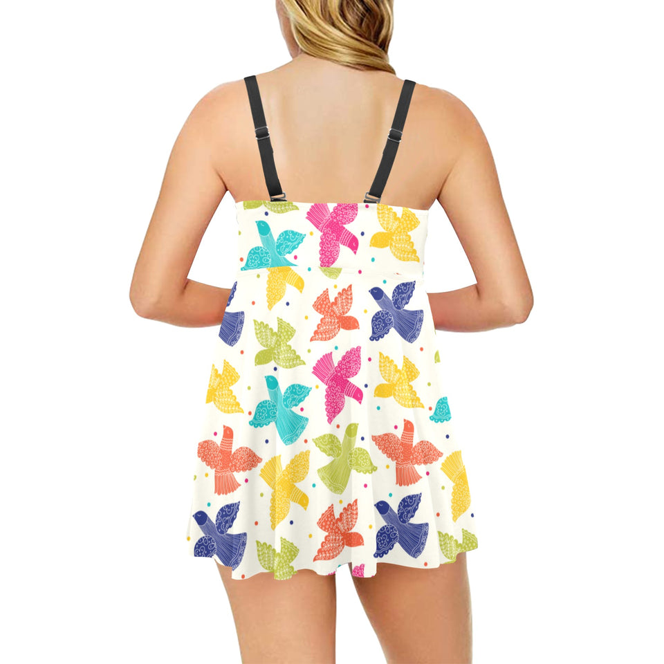 Pigeon Pattern Print Design 01 Chest Sexy Pleated Two Piece Swim Dress