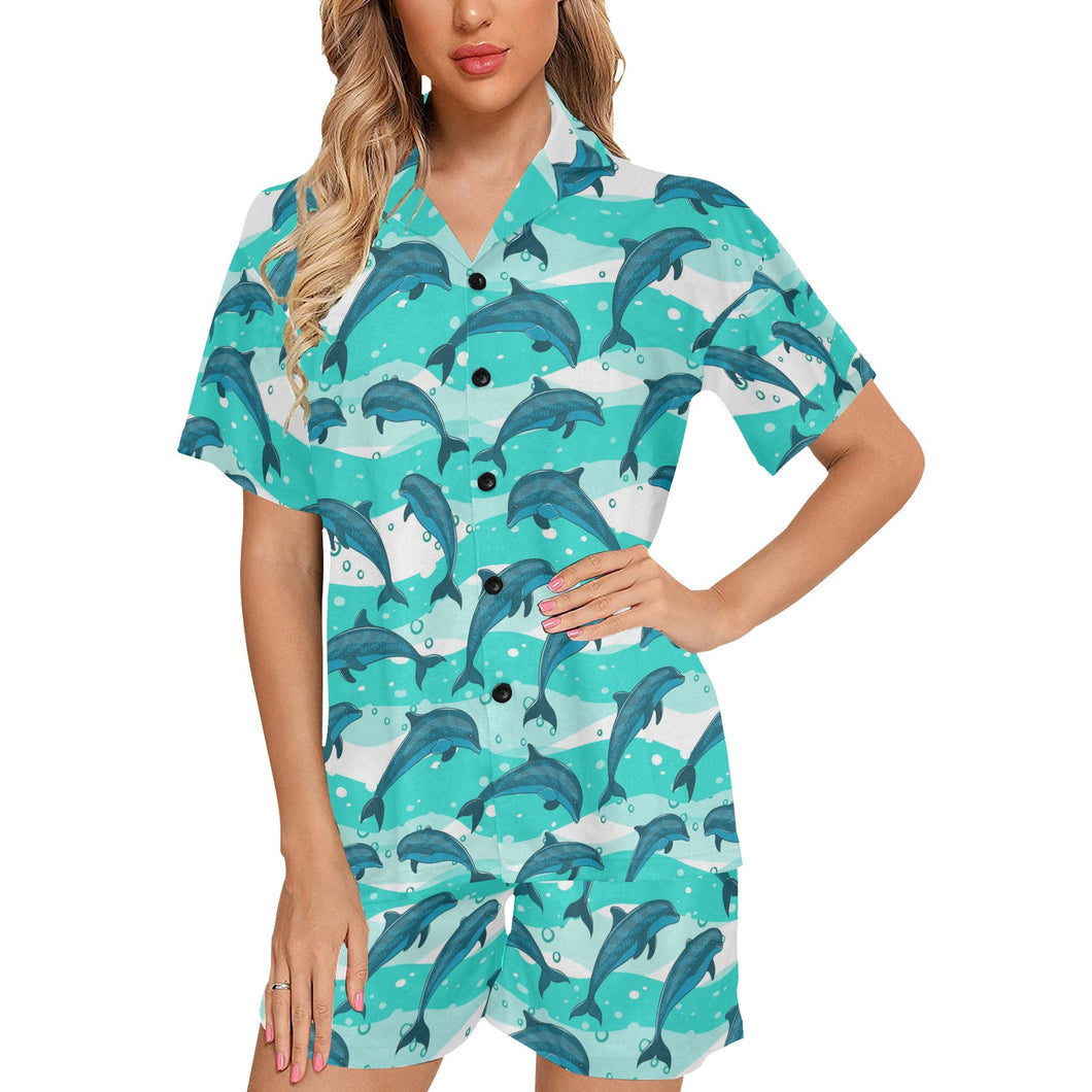 Dolphin sea pattern Women's V-Neck Short Pajama Set