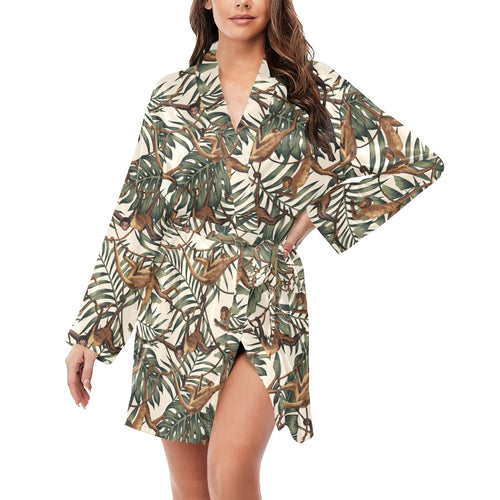 Monkey tropical leaves background Women's Long Sleeve Belted Night Robe