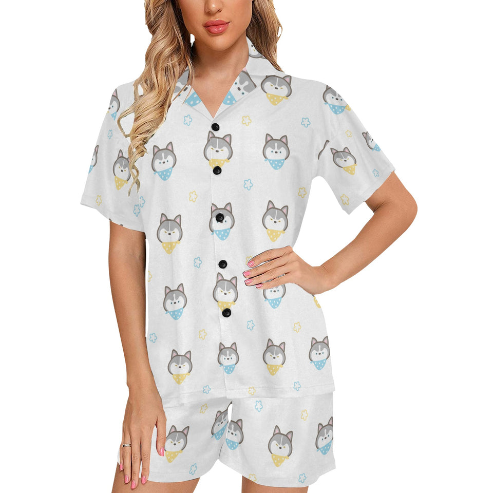 Cute Siberian Husky pattern Women's V-Neck Short Pajama Set