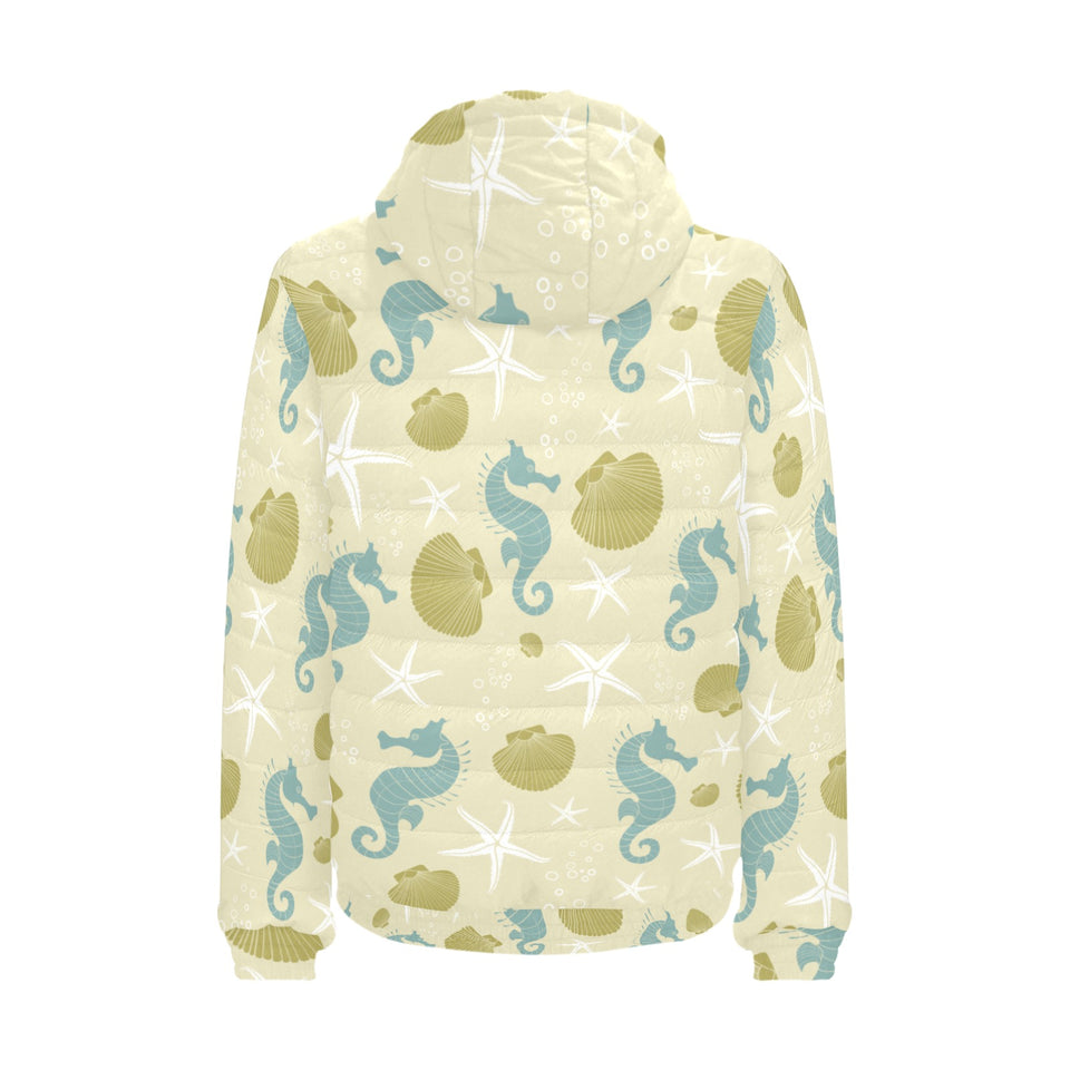 Seahorse shell starfish pattern background Men's Padded Hooded Jacket