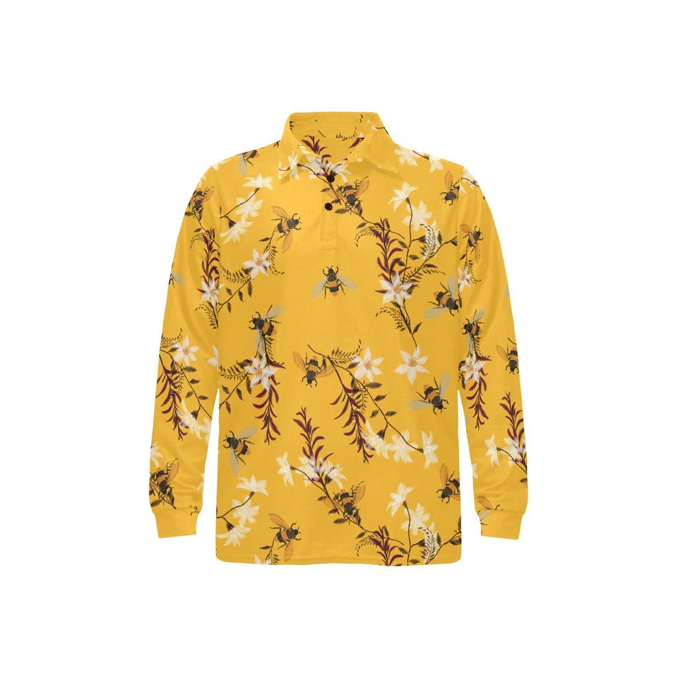 Bee flower pattern Men's Long Sleeve Polo Shirt
