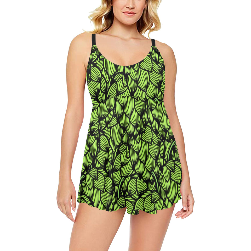 Green hop pattern Chest Sexy Pleated Two Piece Swim Dress