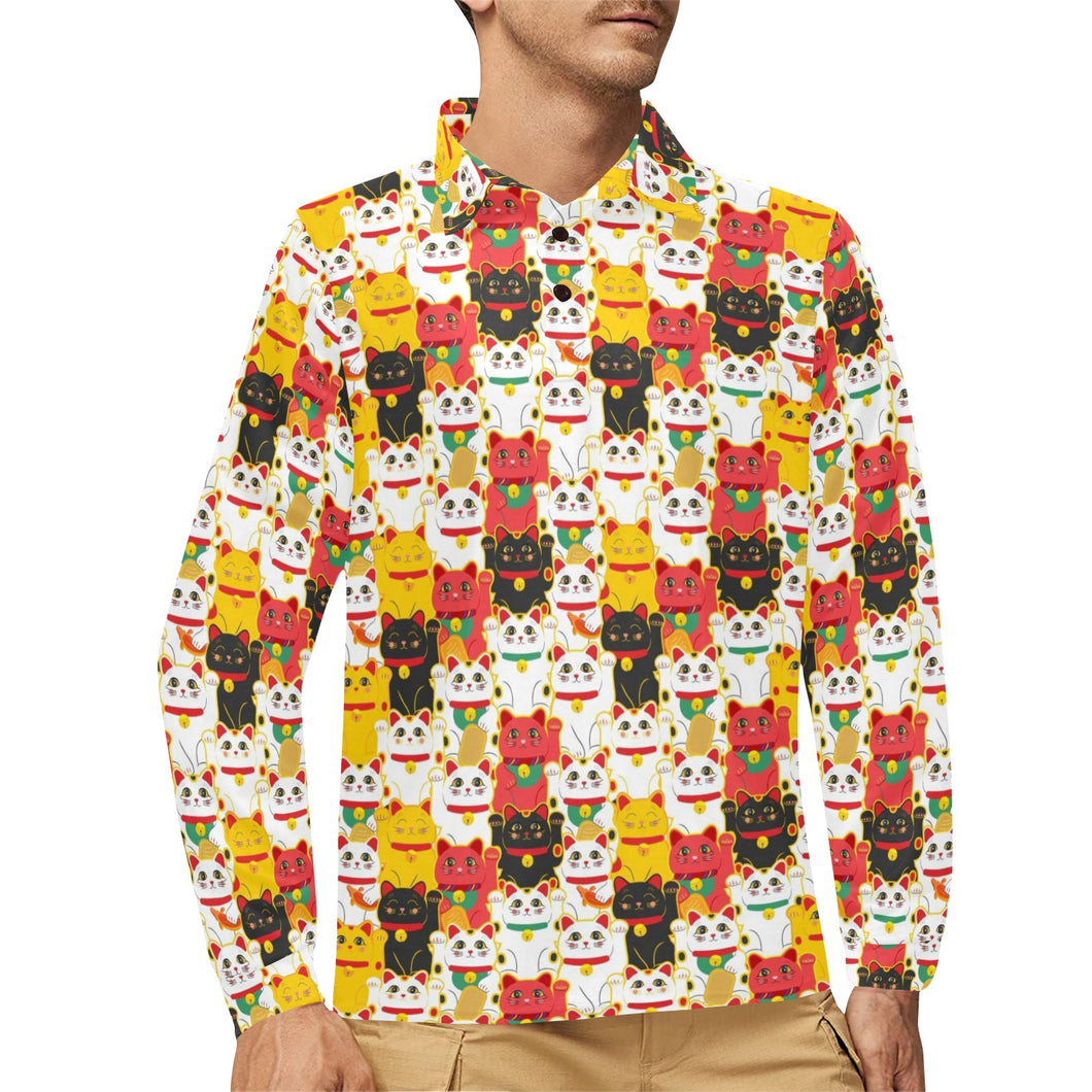 Colorful Maneki neko cat pattern Men's Long Sleeve Polo Shirt
