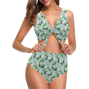 Pelican Pattern Print Design 01 Chest Bowknot High Waisted Bikini Swimsuit