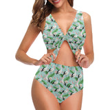 Pelican Pattern Print Design 01 Chest Bowknot High Waisted Bikini Swimsuit