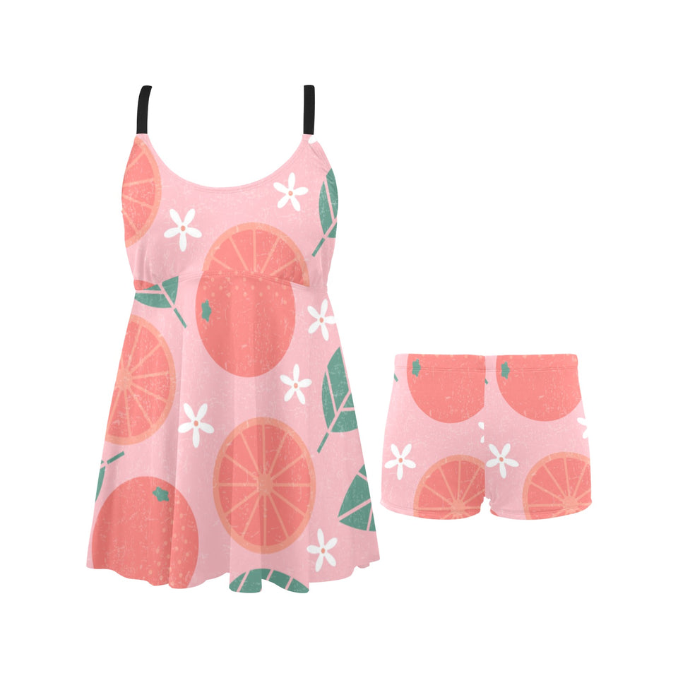 Grapefruit leaves flower pink background Chest Sexy Pleated Two Piece Swim Dress
