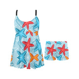 Blue red orange starfish pattern Chest Sexy Pleated Two Piece Swim Dress