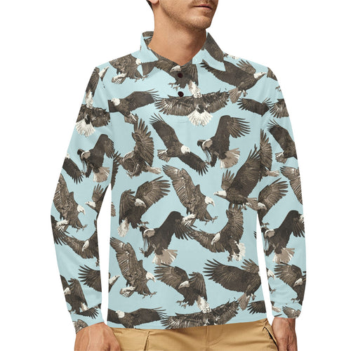 Eagle Pattern Print Design 01 Men's Long Sleeve Polo Shirt