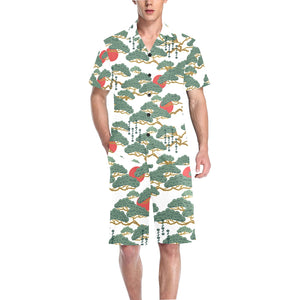 Bonsai red sun japanese pattern Men's V-Neck Short Pajama Set