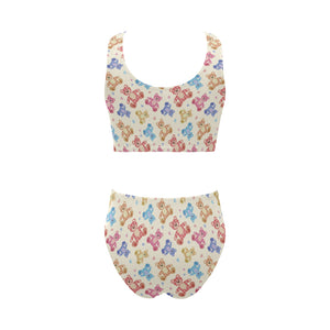 Teddy Bear Pattern Print Design 05 Chest Bowknot High Waisted Bikini Swimsuit